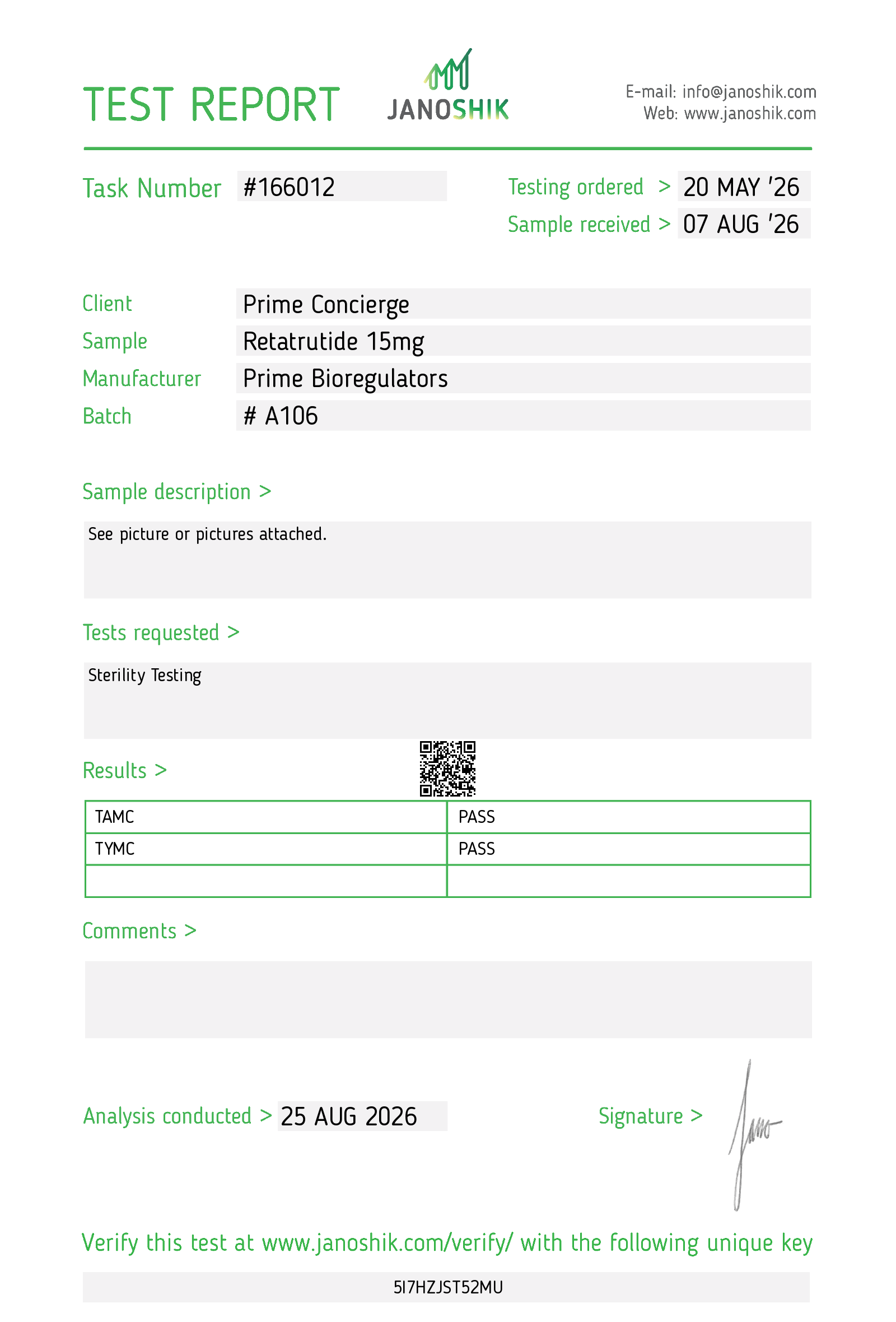 Janoshik report 166012, Retatrutide 15mg, Sterility lab test